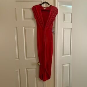 Red Dress w/ low v-neck, twist at waist, tulip cut bottom. Sz Small